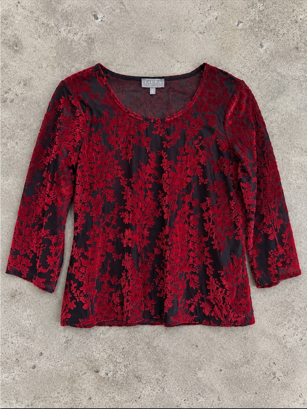 Laura Petites Velvet Burnout Floral Top Woman Medium Red Black Grunge 90s Goth